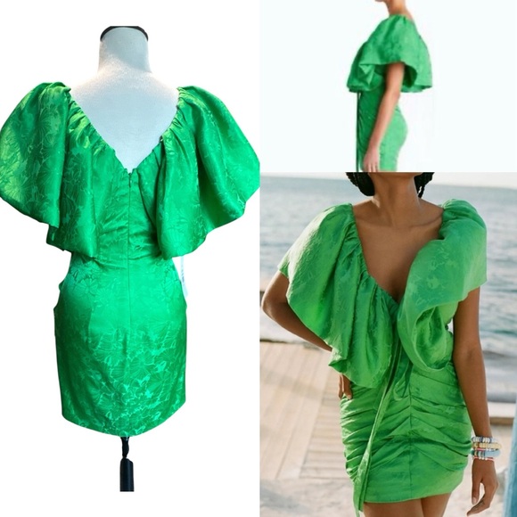 NWT Ronny Kobo Ruffled Floral Jacquard Mindy‎ Dress in Poison Green Mini Size S